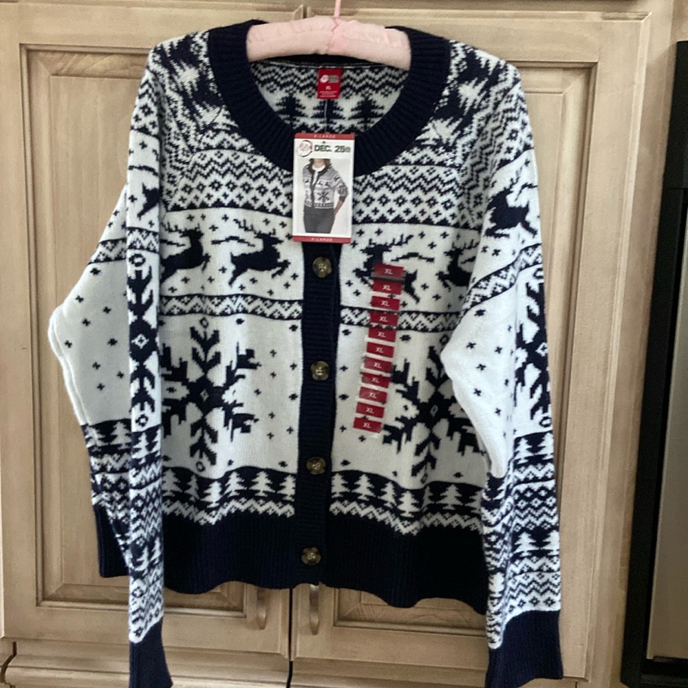 Dec. 25th Holiday Sweater navy blue white reindeer cardigan nwt